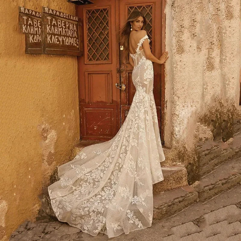 Off The Shoulder Mermaid Wedding Dresses Backless Lace Vestidos De Novia Appliques Beach Country Vestido De Noiva (ZD14074)