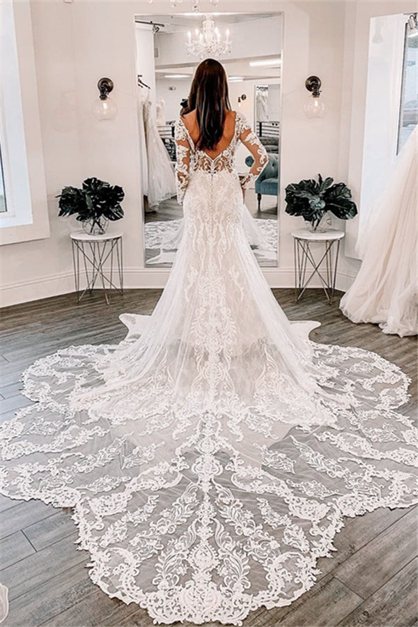 Off The Shoulder Mermaid Wedding Dresses | Open Back Lace Court Train Bridal Gowns
