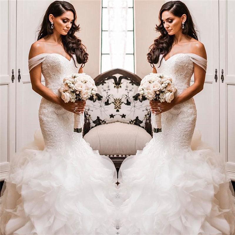 Off The Shoulder Puffy Ruffles Wedding Dresses | Sheath Tulle Sexy Lace Bridal Gowns