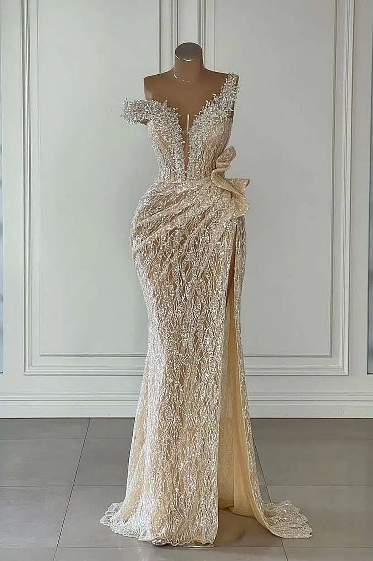 Off-The-Shoulder Silver Beads Cap Sleeves High Split Prom Dresses