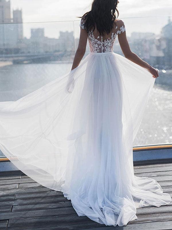 Off The Shoulder Tulle White Lace Split A-Line Beach Wedding Dresses