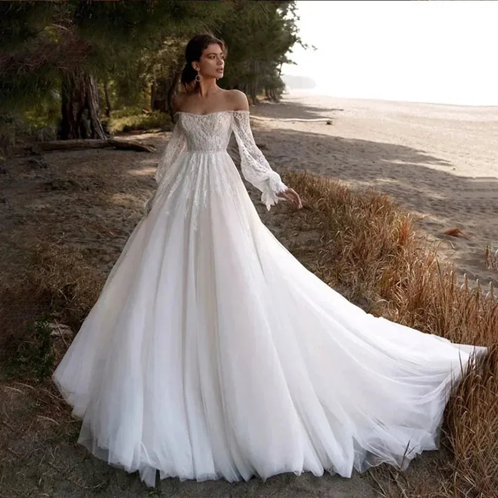 Off The Shoulder Wedding Dress Lace Applique Sweetheart Bridal Gown Puff Long Sleeves Vestido De Novia (ZD13498)