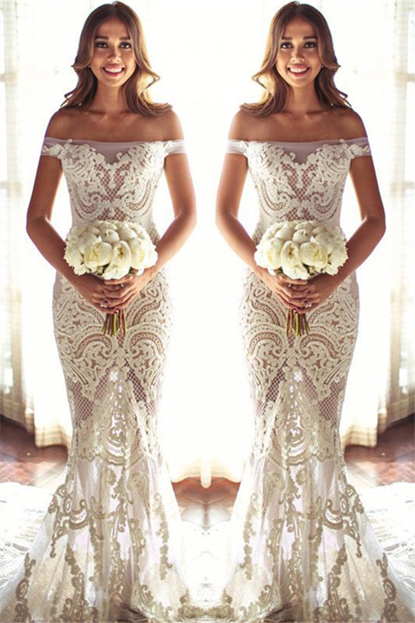 Off The Shouler Sheath Lace Beach Wedding Dresses | See Through Bridal Gowns with Court Train