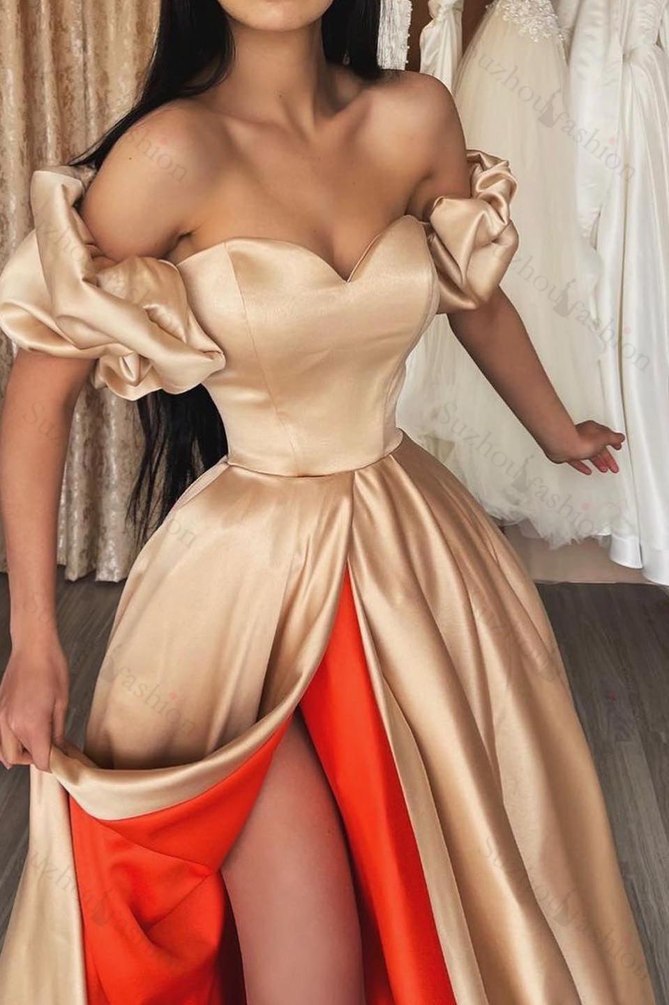 Off-the-Shoulder Champagne Evening Dress Slit Long Online On Sale