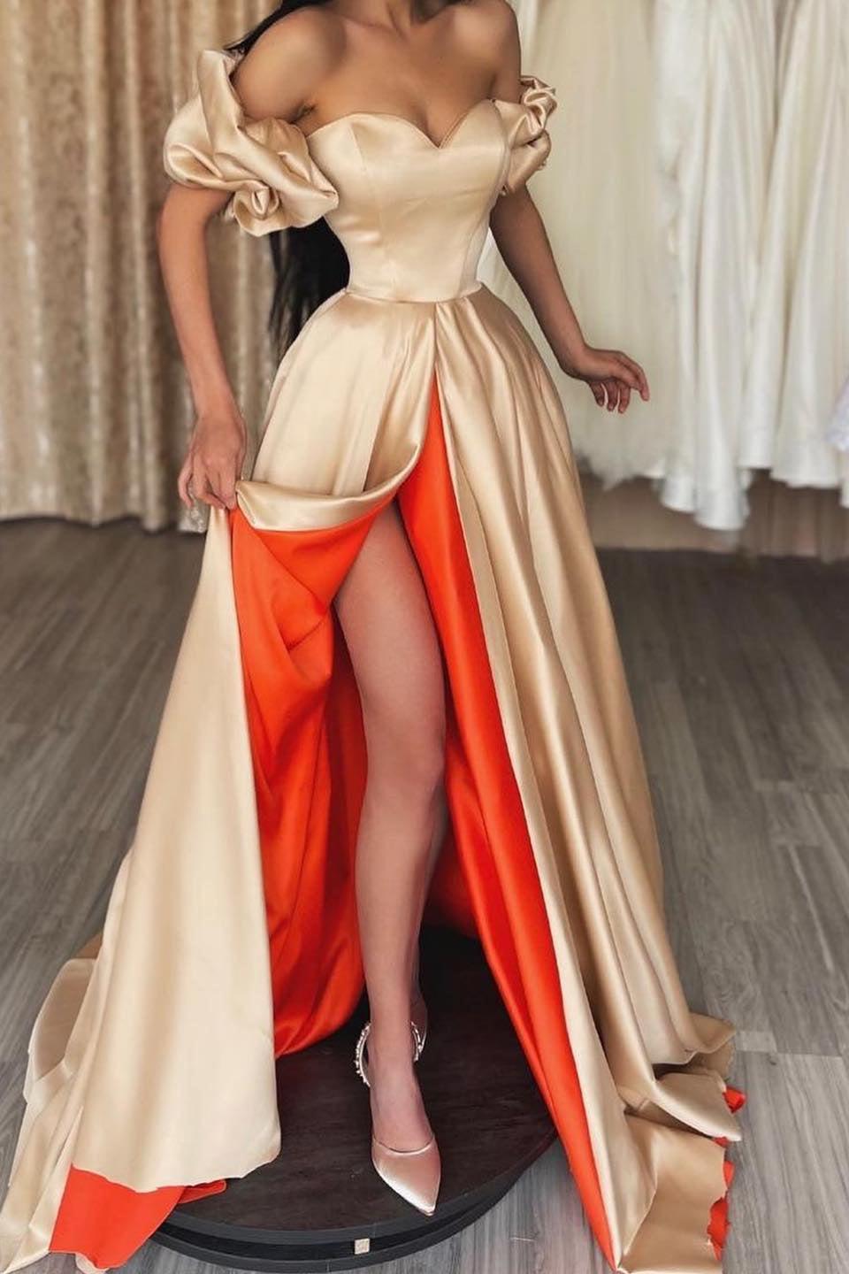 Off-the-Shoulder Champagne Evening Dress Slit Long Online On Sale