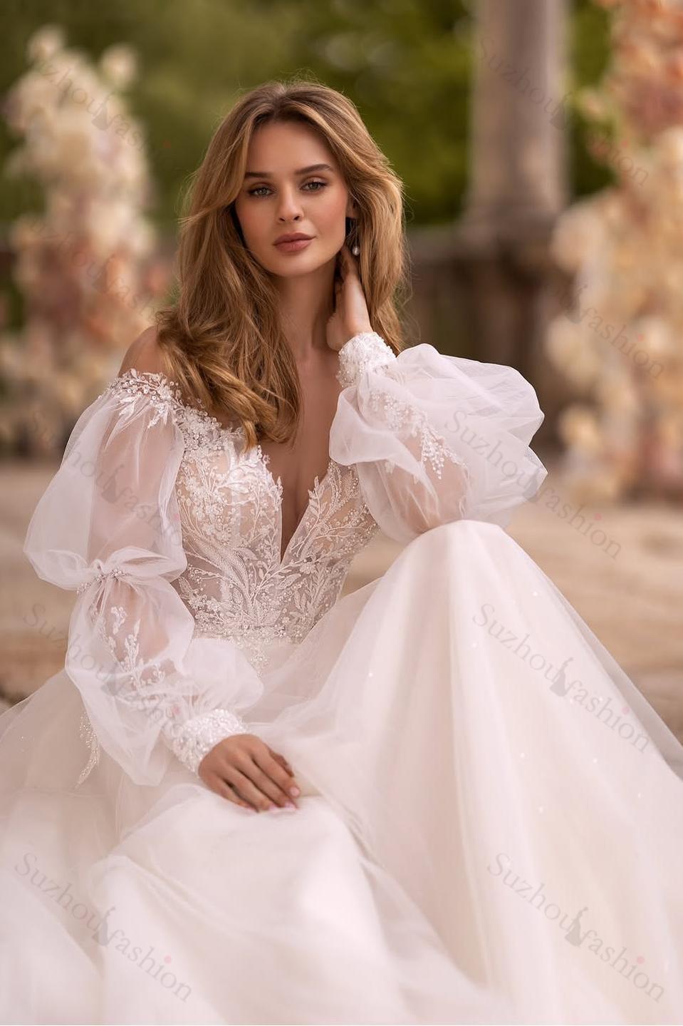 Off the Shoulder Long Sleeve Wedding Dress A Line Bridal Gown With Appliques