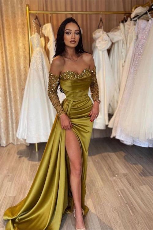 Off the Shoulder Long Sleeves Long Mermaid Evening Formal Dress With Pleated