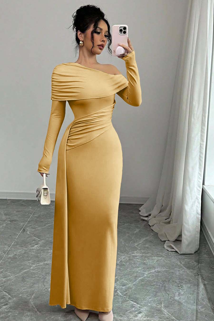 Off the Shoulder Long Sleeves Long Mermaid Evening Formal Dress With Ruffled