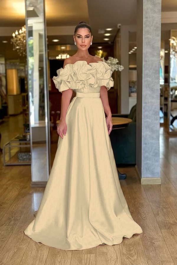 Off the Shoulder Sleeveless A Line Long Evening Formal Dress With Pleated