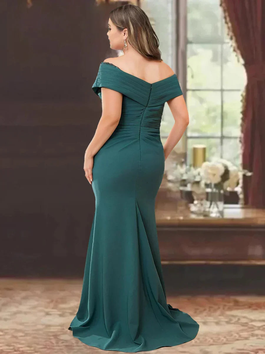 Off the Shoulder Sleeveless Plus Size Mother of the Bride Gown with Ruffles