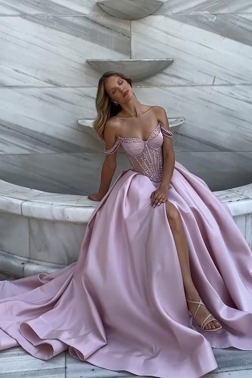 Off the Shoulder Strapless Sleeveless Ball Gown Long Evening Formal Dress With Split