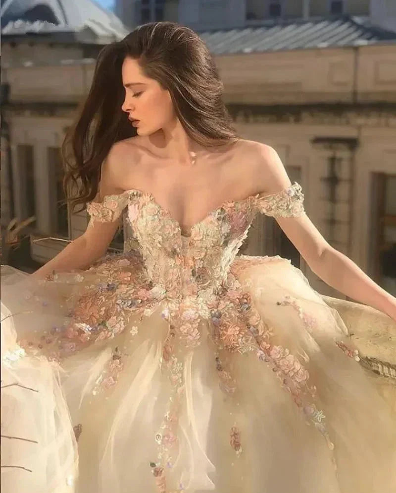 Off the Shoulder Sweetheart Tulle Long Evening Gowns 3D Flowers Appliques Formal Party Dresses Princess Ball Gown Prom Dresses (ZD14020) - VelvetHem