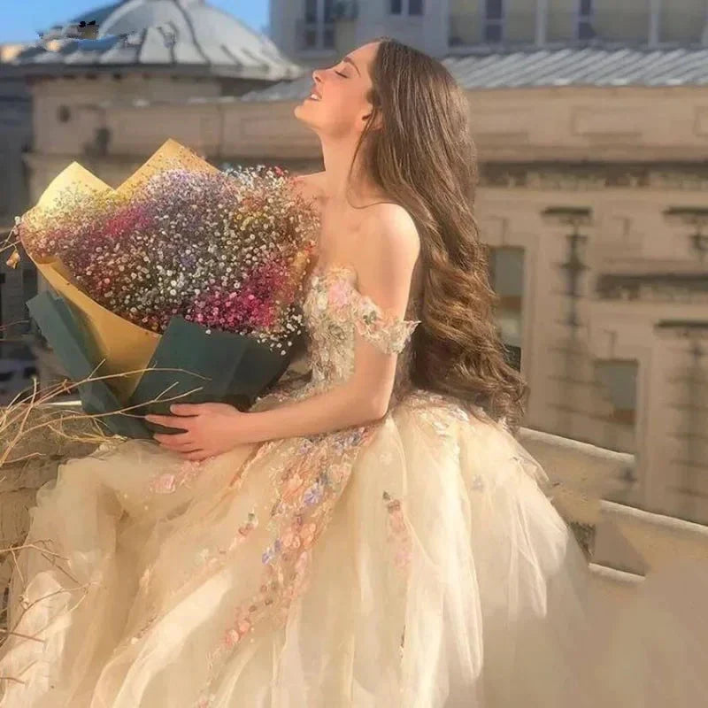 Off the Shoulder Sweetheart Tulle Long Evening Gowns 3D Flowers Appliques Formal Party Dresses Princess Ball Gown Prom Dresses (ZD14020)