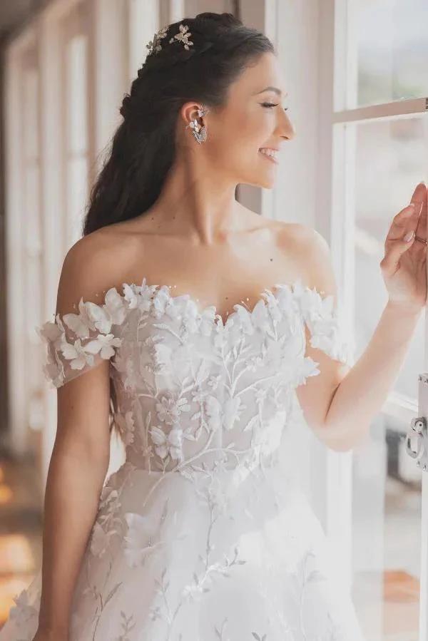 Elegant White Long A-line Off the Shoulder Tulle Floral Lace Wedding Dress (ZD14481)