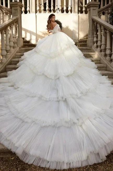 Off the Shoulder White Tulle Ruffles Luxury Wedding Dress (ZD15712)