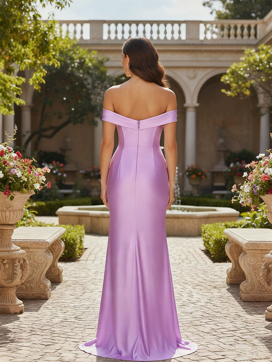 Off-the-Shoulder Lace Applique Satin Prom Dress with High Slit - View 2 | FashionDia