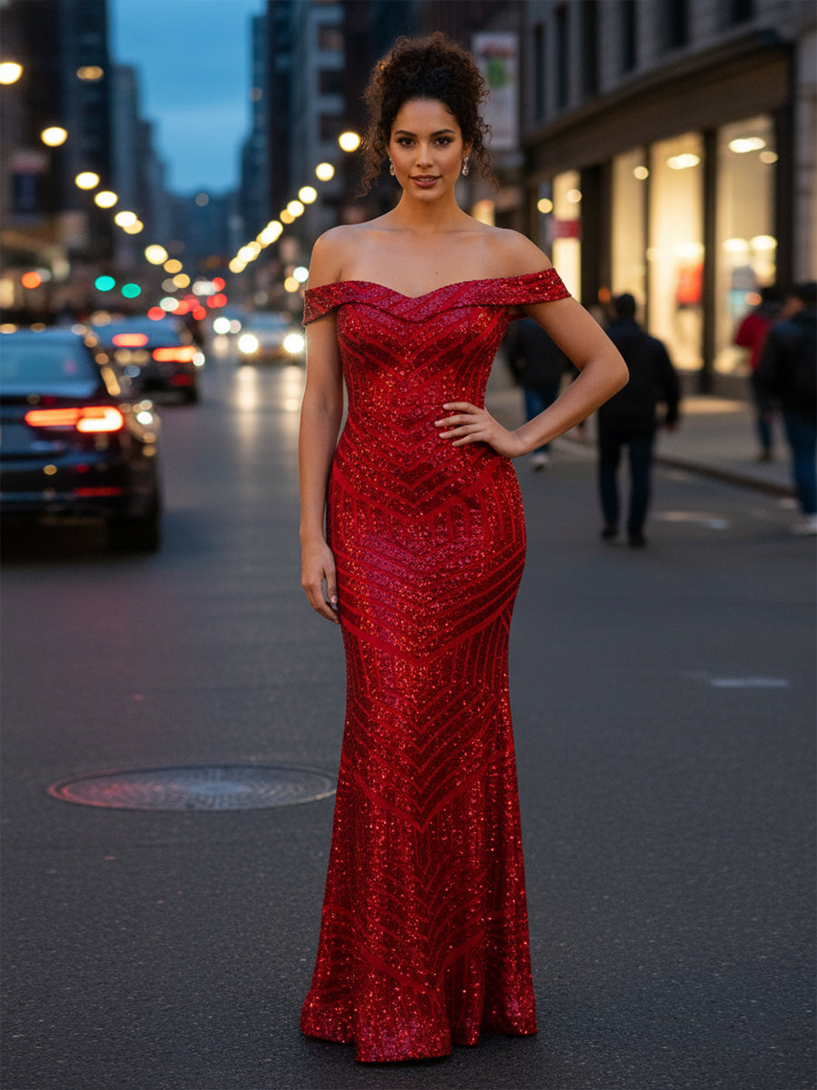 Off-the-Shoulder Sequin Prom Gown with Geometric Pattern - FashionDia