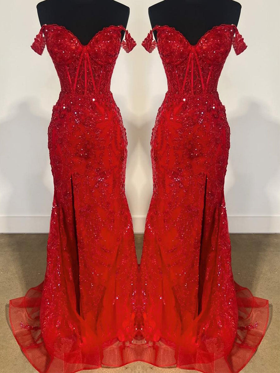 Off-the-Shoulder Sequin Lace Mermaid Long Porm Dress with Slit