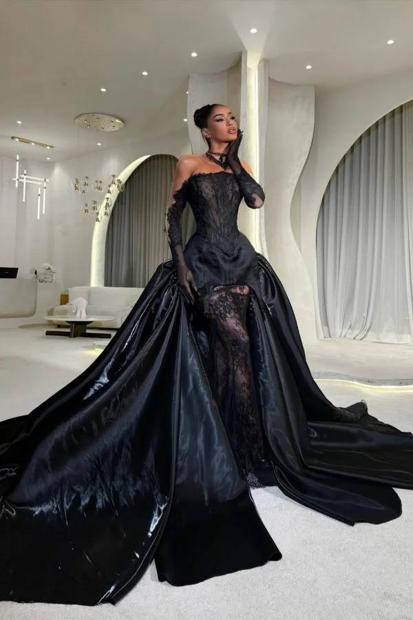 Off-the-shoulder Black Lace Bateau Neck Long Sleeves Pleated Prom Dress with Train