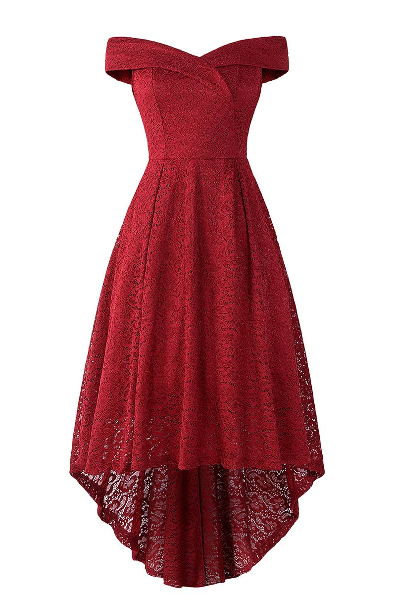 Off-the-shoulder V Neck High Low Lace Prom Dress - Fashionpara