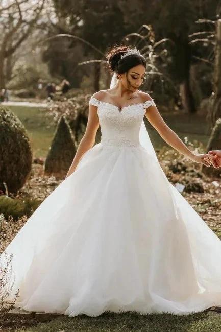Off the shoulder White Garden Ball Gown Wedding Dress (ZD15700) - View 4 | VelvetHem