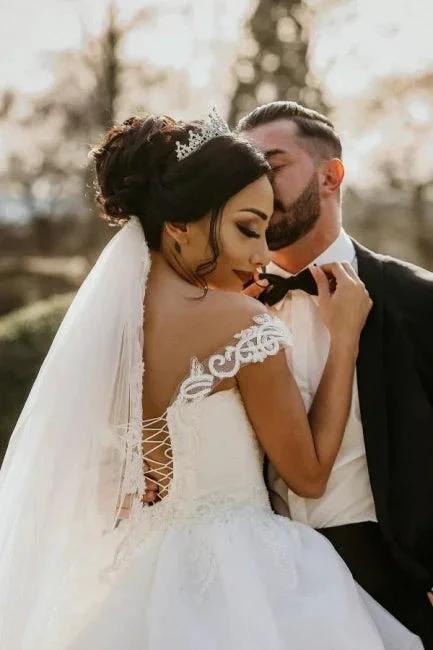 Off the shoulder White Garden Ball Gown Wedding Dress (ZD15700) - View 5 | VelvetHem