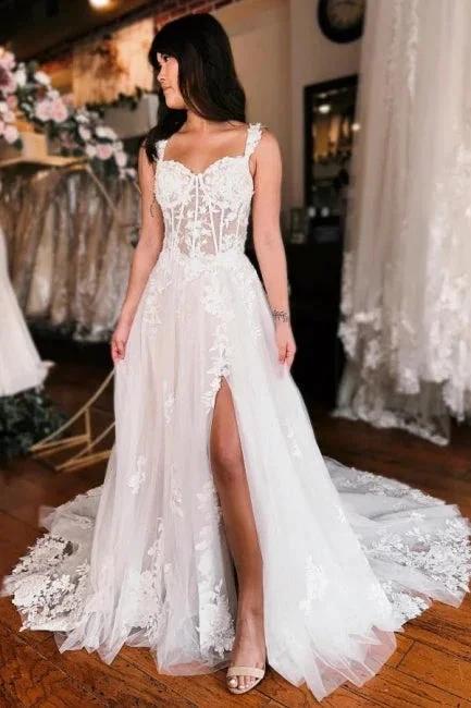 Off the shoulder high split A-line Lace Wedding Dress (ZD15696)
