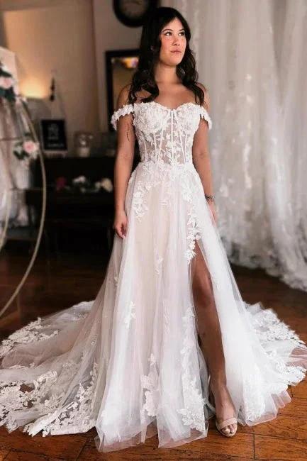Off the shoulder high split A-line Lace Wedding Dress (ZD15696)