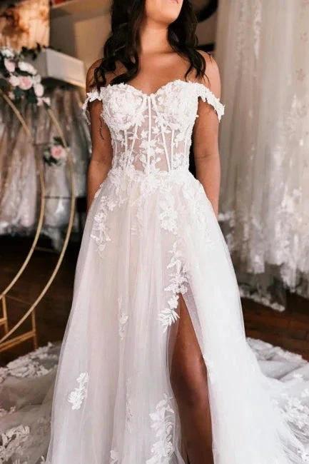 Off the shoulder high split A-line Lace Wedding Dress (ZD15696)