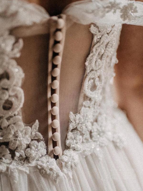 Off The Shoulder Beaded A-line Wedding Dresses Lace Appliqued Gowns (ZD16215)