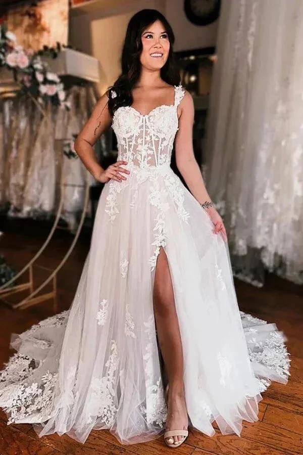 Off Shoulder Elegant Wedding Dress Boho Wedding Dress With Slit (ZD16090)