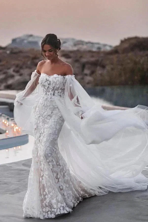 Off Shoulder Lace Mermaid Beach Wedding Dresses With Detachable Train WD655 by pgmdress