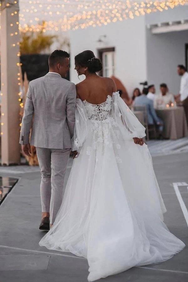 Off Shoulder Lace Mermaid Beach Wedding Dresses With Detachable Train (ZD16165)