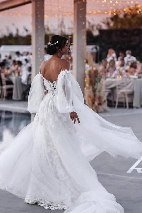 Off Shoulder Lace Mermaid Beach Wedding Dresses With Detachable Train (ZD16165)