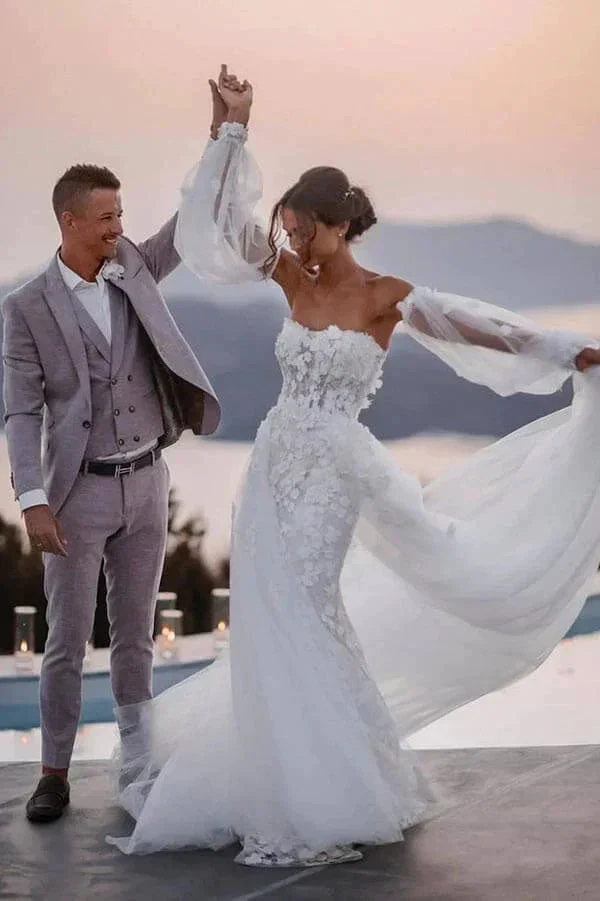 Off Shoulder Lace Mermaid Beach Wedding Dresses With Detachable Train (ZD16165)