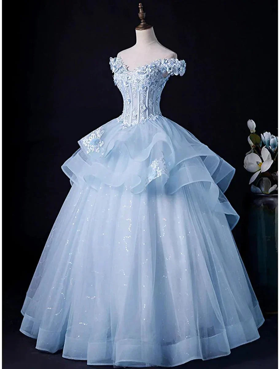 Off Shoulder Tulle Prom Dress A Line Appliques Formal Dress J9722