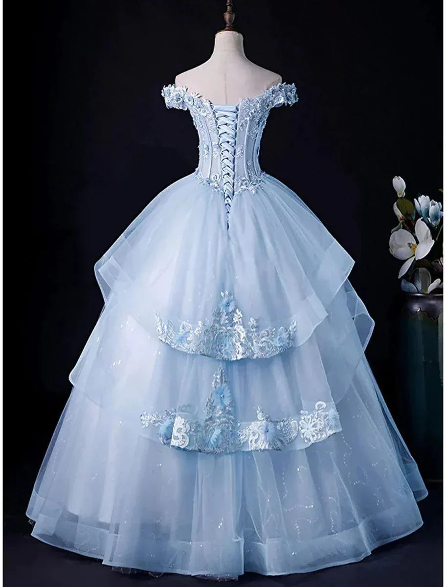 Off Shoulder Tulle Prom Dress A Line Appliques Formal Dress J9722