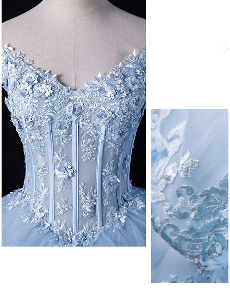 Off Shoulder Tulle Prom Dress A Line Appliques Formal Dress J9722