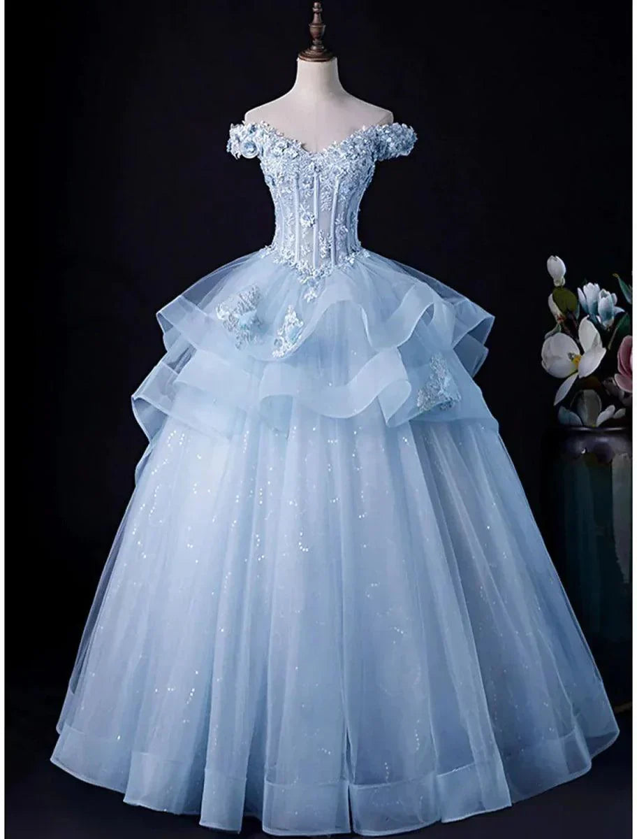 Off Shoulder Tulle Prom Dress A Line Appliques Formal Dress J9722