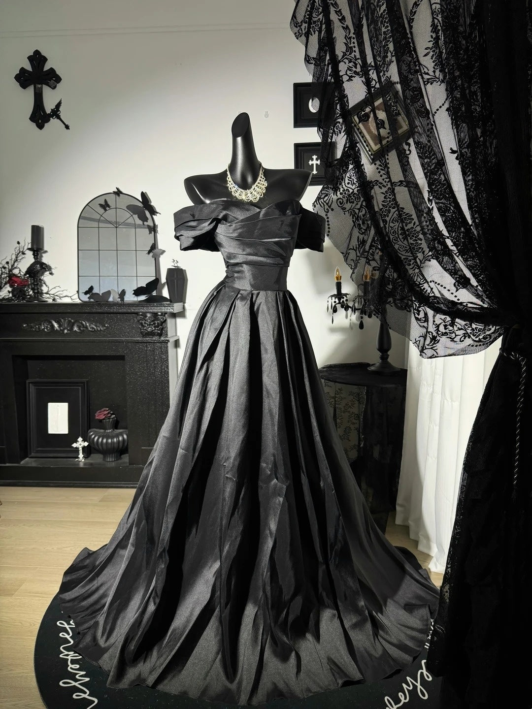 Off The Shoulder Black Satin Prom Dress Formal Evening Dress J10839