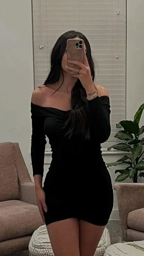 Off-the-Shoulder Black Sheath Birthday Outfit Dress