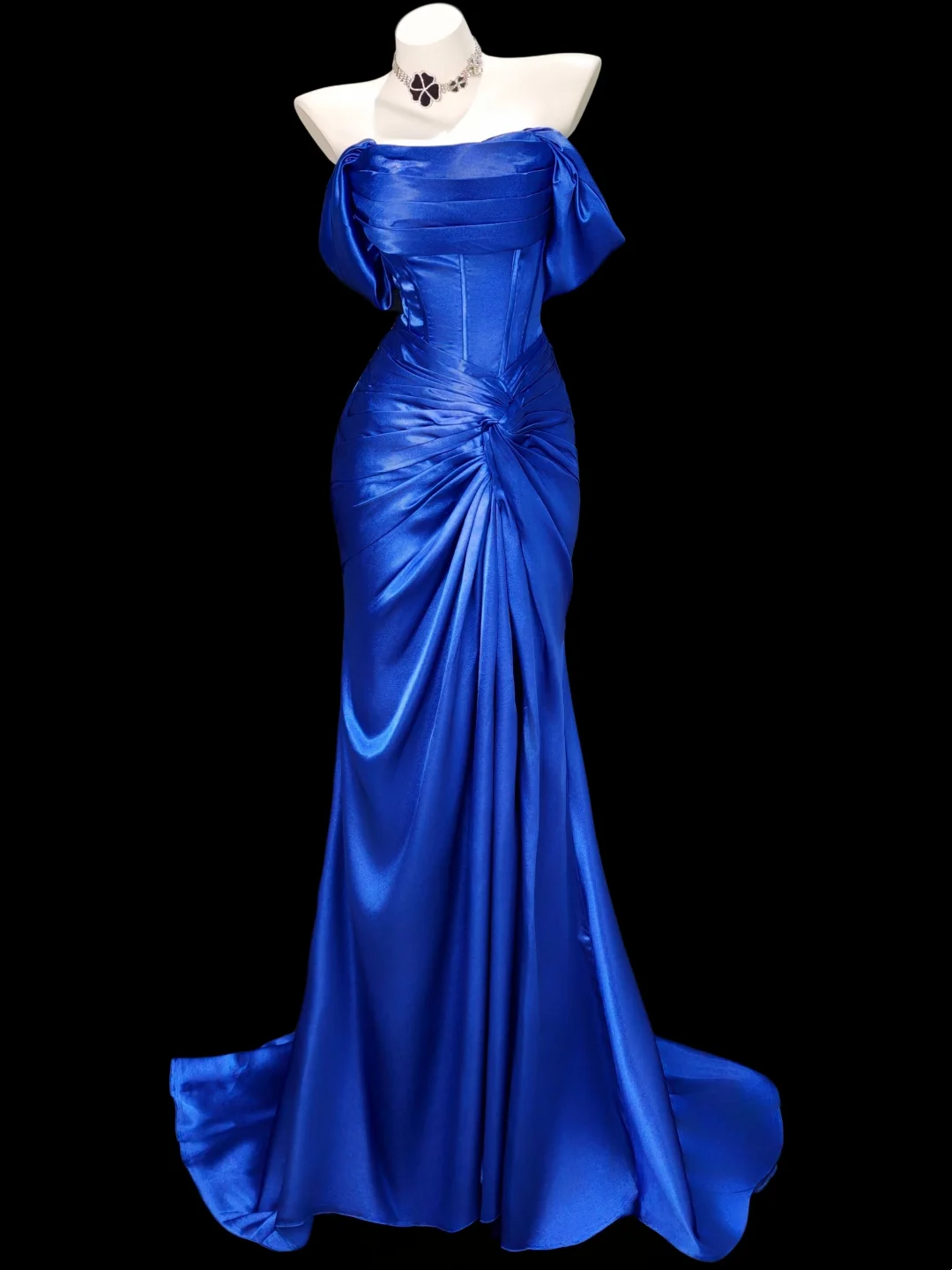 Off The Shoulder Blue Mermaid Prom Dress Satin Evening Gown J9664