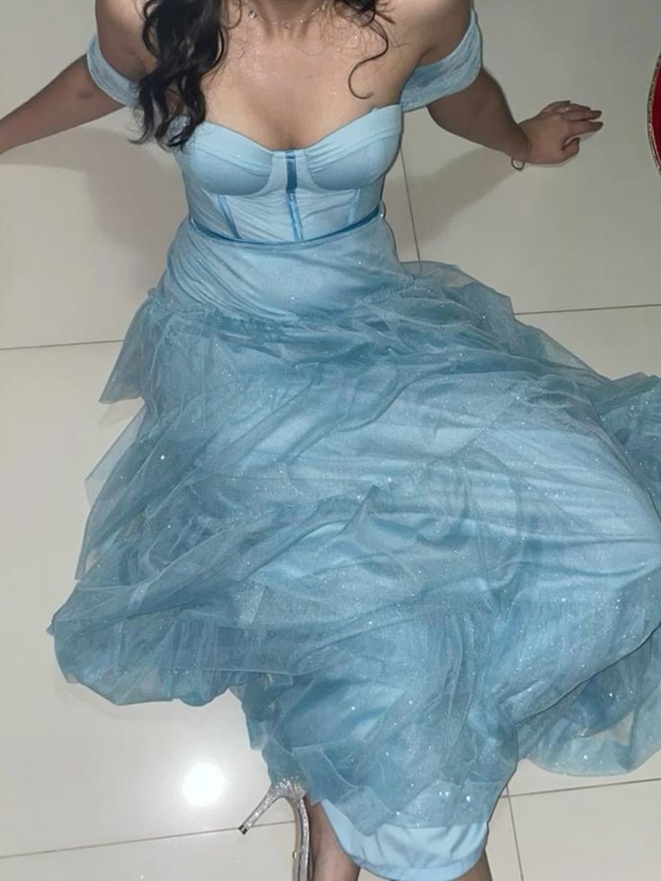 Off The Shoulder Blue Tulle Prom Dress A Line Evening Gown J10944