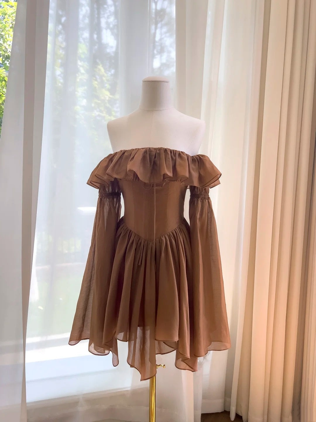 Off-the-Shoulder Brown Homecoming Dress Ruffled Party Dress