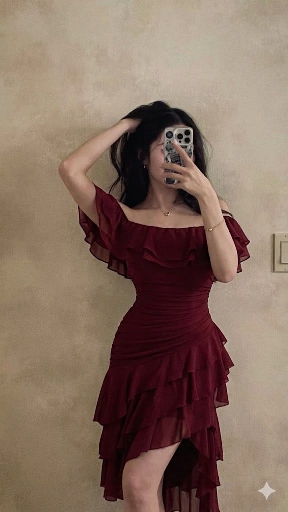 Off-the-Shoulder Burgundy Ruffled Chiffon Homecoming Dress