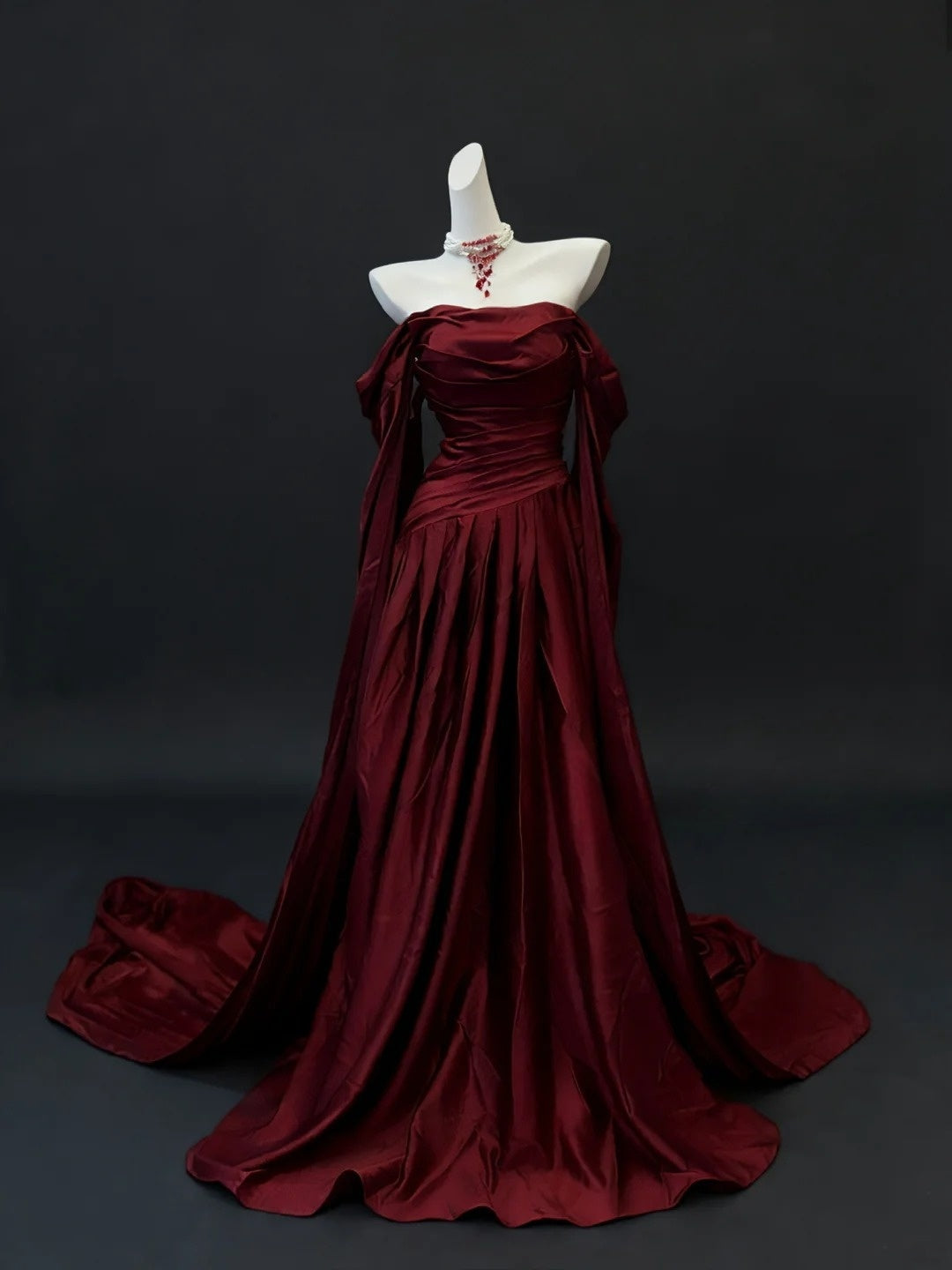 Off-the-Shoulder Burgundy Satin Formal Prom Dress Elegant Evening Dress