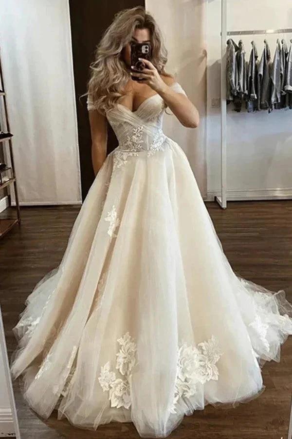 Off The Shoulder Light Champagne Wedding Gown Floral Wedding Dress WD713 by pgmdress
