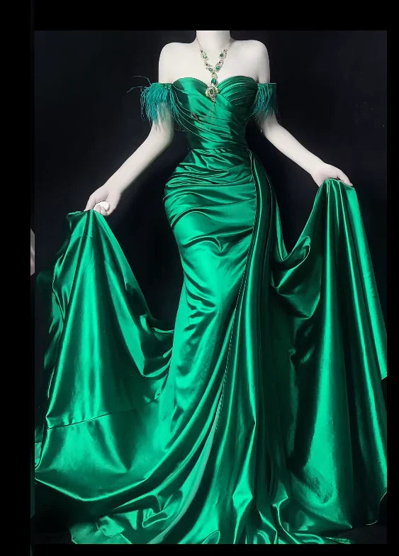 Off The Shoulder Green Satin Long Prom Dresses J10193