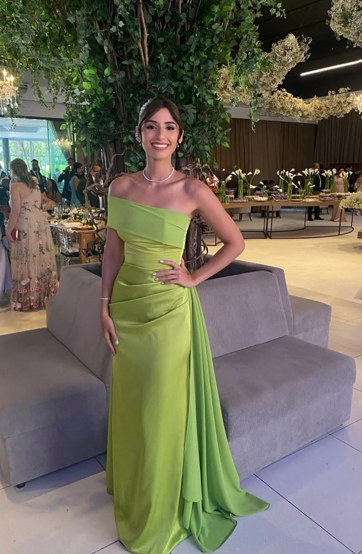 Off-the-Shoulder Green Satin Prom Dress Formal Wedding Guest Dress
