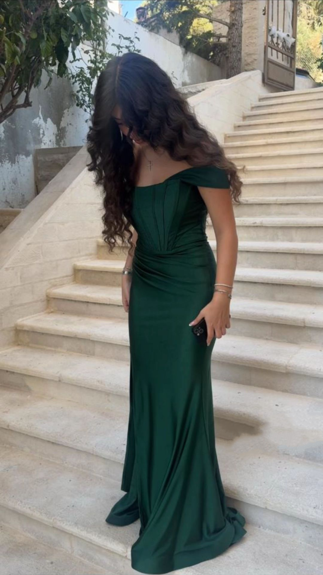 Off The Shoulder Green Satin Prom Dress Mermaid Evening Dress J9996